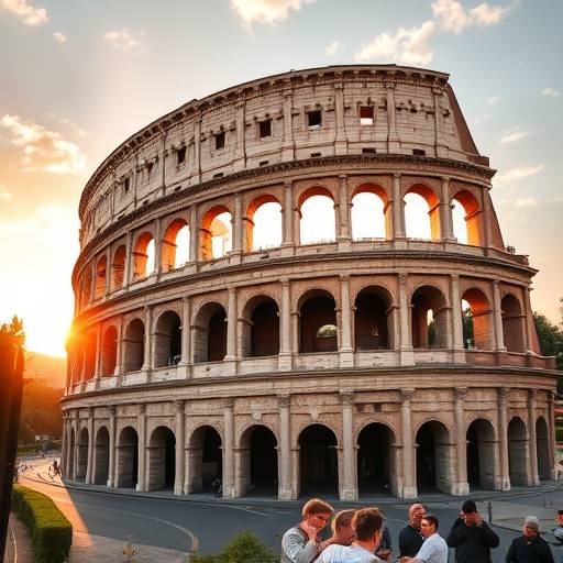 Le Colisée majestueux à Rome, Italie, baigné de lumière dorée.