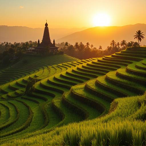 Rizières en terrasses luxuriantes à Bali, Indonésie, avec un temple en arrière-plan.