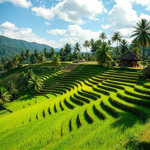Rizières en terrasses verdoyantes à Bali, Indonésie, avec des palmiers et des temples.