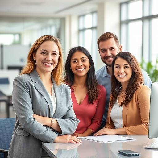Une équipe de professionnels de Voyages Éclatants souriant dans un bureau moderne.