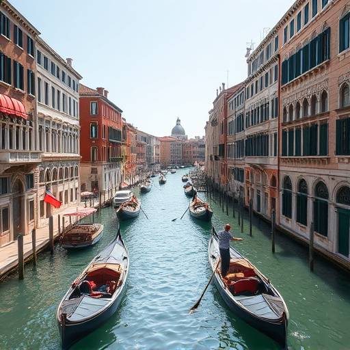 Vue des canaux de Venise, Italie, avec des gondoles et des bâtiments historiques.