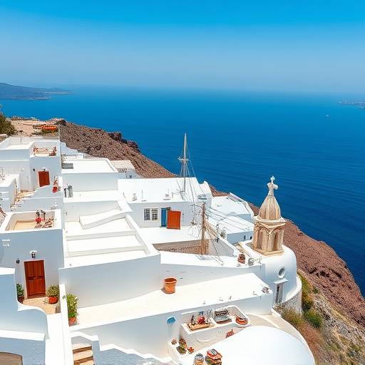 Vue panoramique de Santorini, Grèce, avec des maisons blanches et la mer Égée.