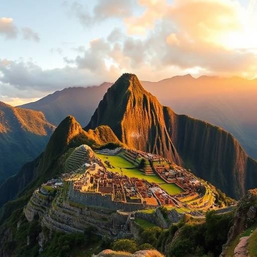 Vue spectaculaire du Machu Picchu, une ancienne citadelle inca dans les Andes, Pérou.